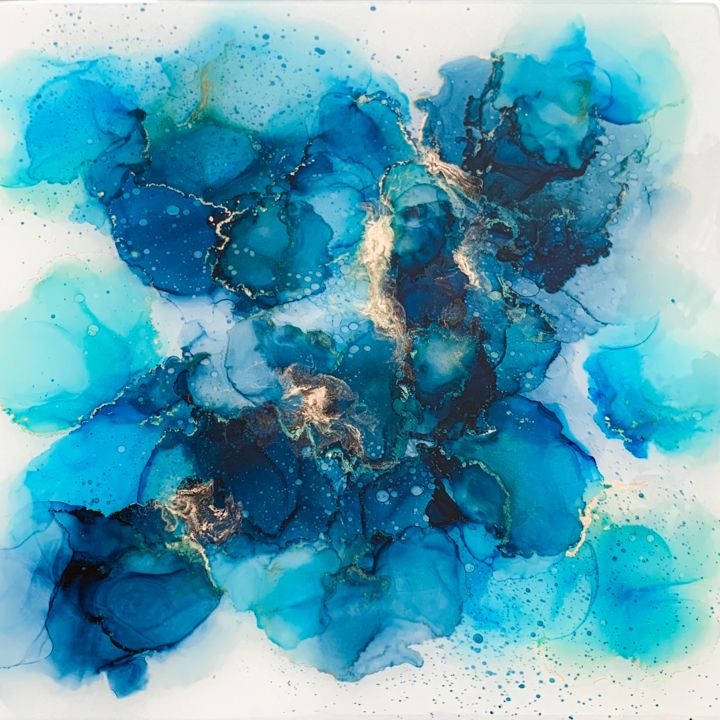 Schilderij getiteld "Fluidart bleu turqu…" door Nathalie Robert, Origineel Kunstwerk, Inkt