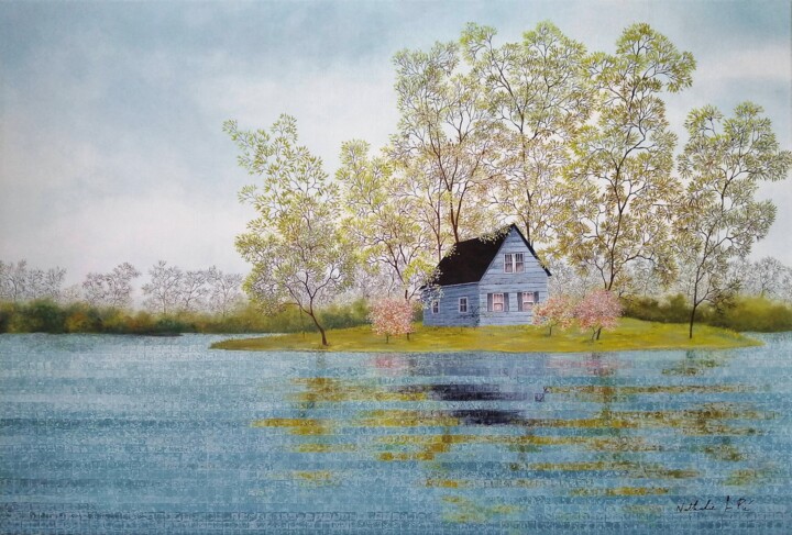 Painting titled "The blue house/La m…" by Nathalie Si Pié, Original Artwork, Oil