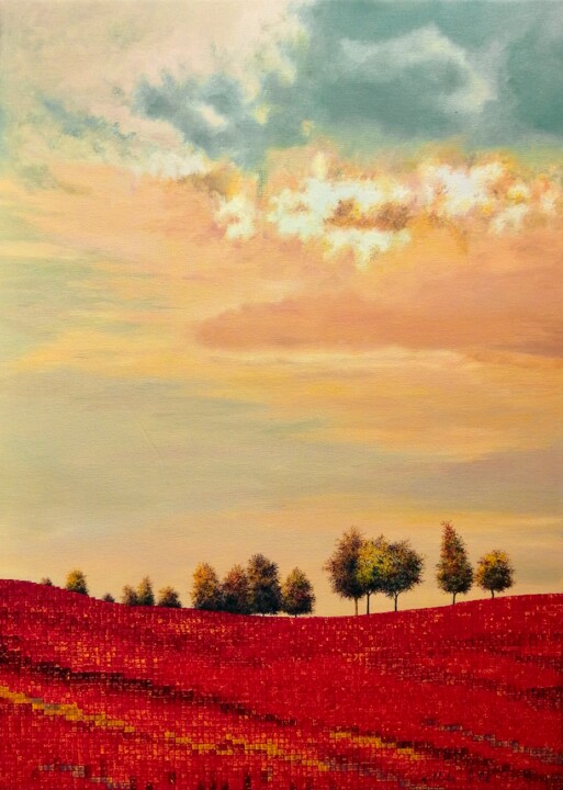 Painting titled "Field of poppies/Ch…" by Nathalie Si Pié, Original Artwork, Oil Mounted on Wood Stretcher frame