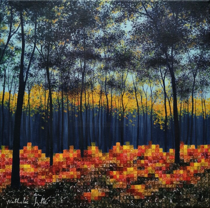 Painting titled "Pines forest/Forêt…" by Nathalie Si Pié, Original Artwork, Oil Mounted on Wood Stretcher frame