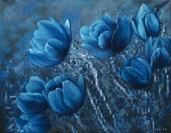 Painting titled "Blue tulips/Tulipes…" by Nathalie Si Pié, Original Artwork, Oil Mounted on Wood Stretcher frame
