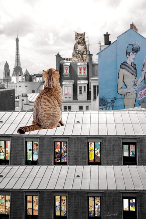 Цифровое искусство под названием "Chat sur les toits…" - Nathalie Simonet, Подлинное произведение искусства, Фотомонтаж