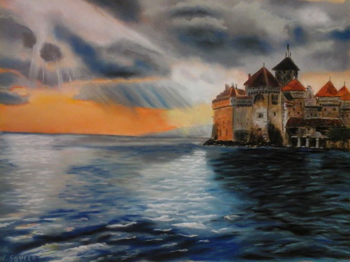 Painting titled "chillon, sur le lac…" by Nathalie Soucek, Original Artwork, Pastel