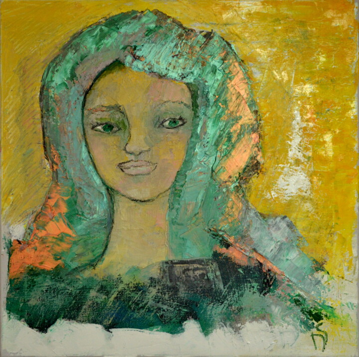 Painting titled "La miss aux yeux ve…" by Nathalie Straseele, Original Artwork, Oil