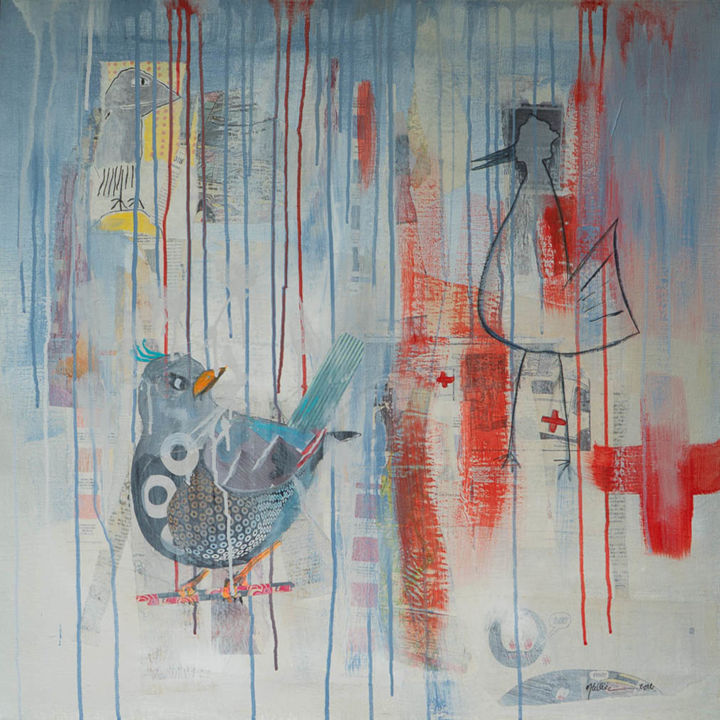 Kolaże zatytułowany „Angry Birds” autorstwa Nathalie Tellier, Oryginalna praca, Kolaże Zamontowany na Drewniana rama noszy