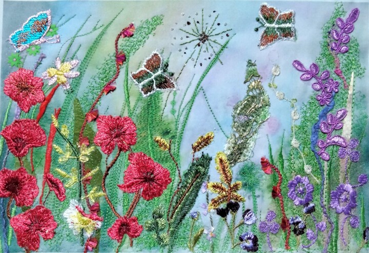 Textile Art titled "Fleurs et Fils" by Nathalie Venant, Original Artwork, Embroidery Mounted on Other rigid panel