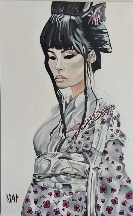 Schilderij getiteld "Geisha" door Nathalie Vindigni, Origineel Kunstwerk, Olie