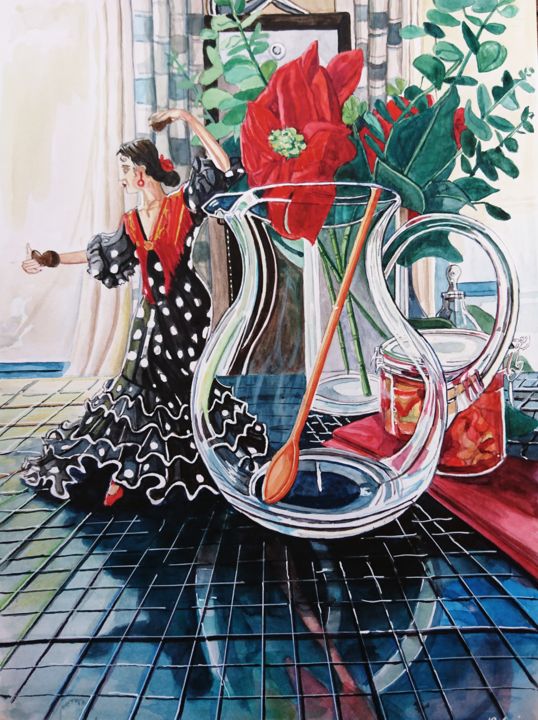 Painting titled "L'Andalouse" by Nathalie Lemire, Original Art, Watercolor