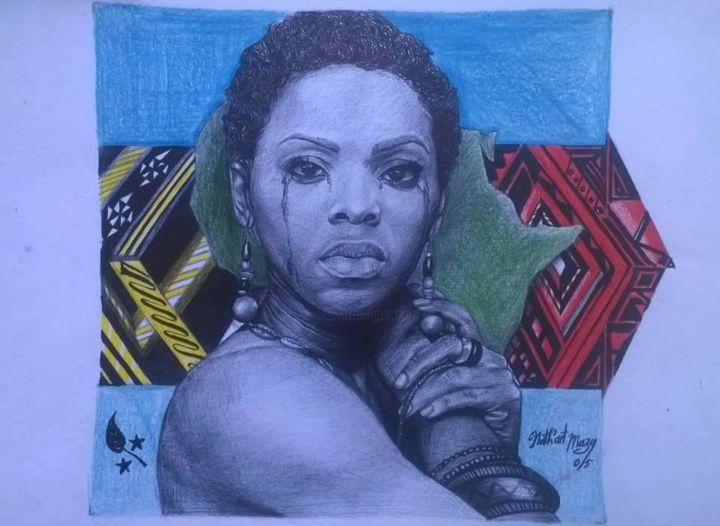 Disegno intitolato "La pleureuse africa…" da Nathanaël Maza, Opera d'arte originale, Biro
