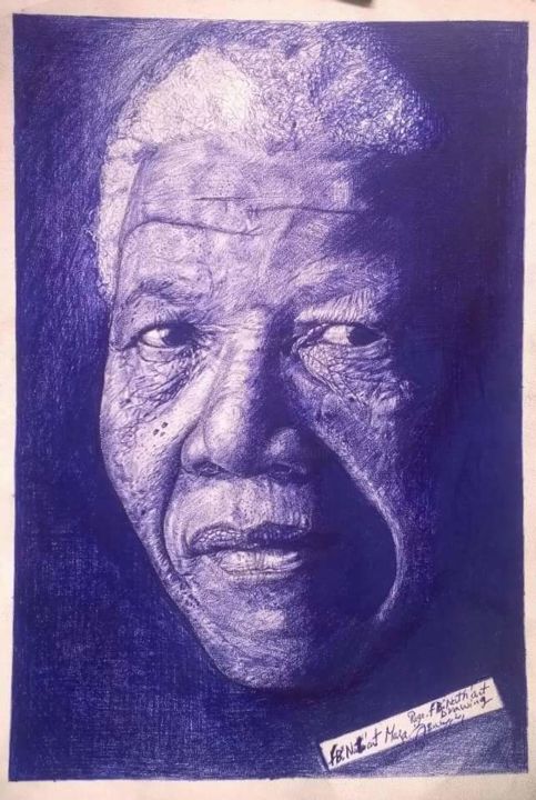 Dessin intitulée "Le regard de Madiba" par Nathanaël Maza, Œuvre d'art originale, Stylo à bille