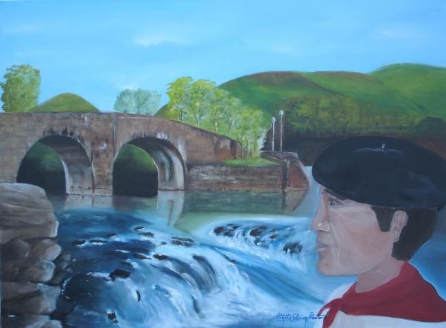 Painting titled "Pont d'Ascain Pays…" by Nathalie Eboto Olivier, Original Artwork