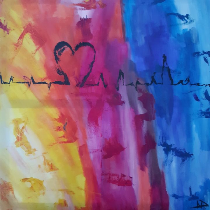 Painting titled "love beat" by Nathalie David, Original Artwork, Acrylic Mounted on Wood Panel