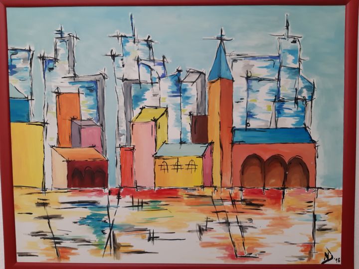 Painting titled "Colori di città" by Nathalie David, Original Artwork, Oil Mounted on Wood Panel