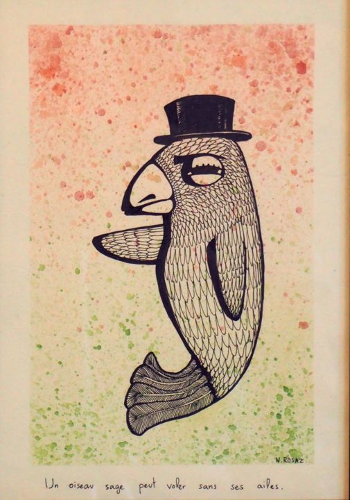 Drawing titled "L'Oiseau Fou" by Nathan Zaro, Original Artwork