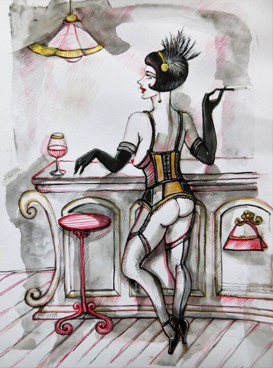 Tekening getiteld ""Dame im Bar 2"" door Natia Antadze, Origineel Kunstwerk, Inkt