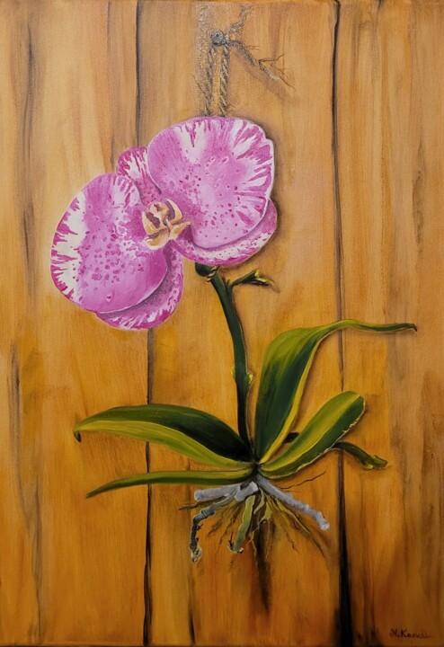 Painting titled "Singel Orchidea" by Natia Kanelis, Original Artwork, Oil