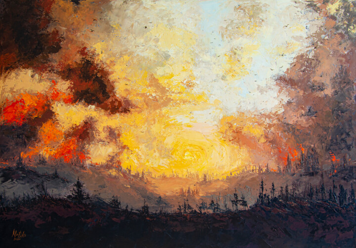 Painting titled "Scorched valley" by Natiko, Original Artwork, Oil Mounted on Wood Stretcher frame