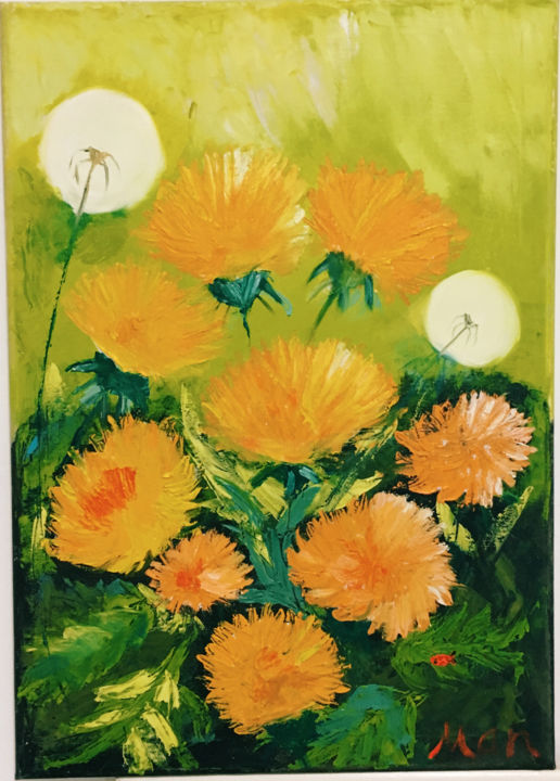 Peinture intitulée "dandelions" par Tal Man, Œuvre d'art originale, Huile