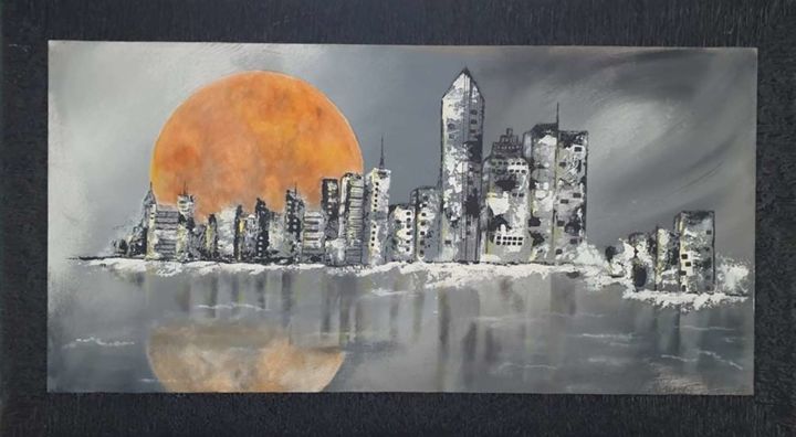 Painting titled "CITY" by Nathalie Calvo, Original Artwork, Acrylic Mounted on Wood Panel
