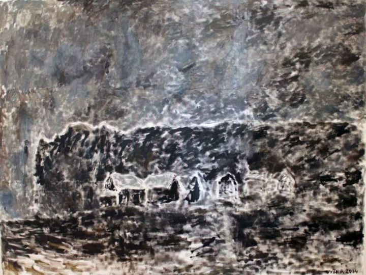 Pintura titulada "The huts" por Ričardas Vyšniauskas, Obra de arte original, Oleo