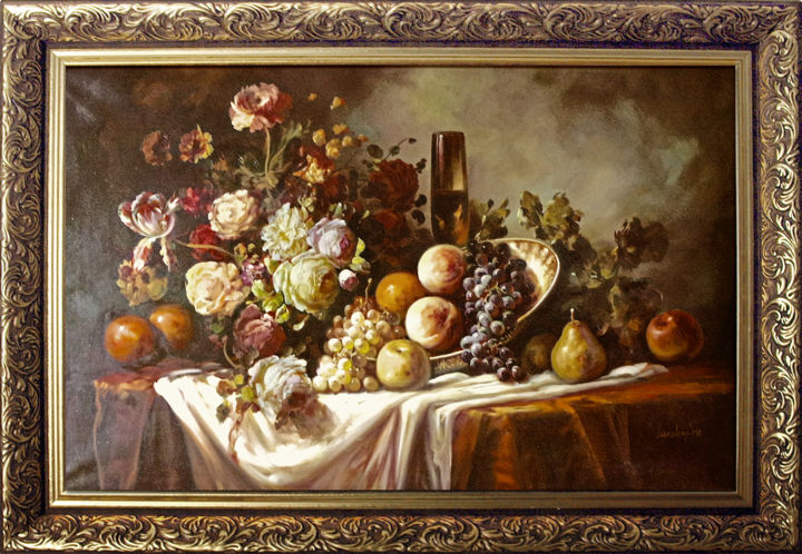 Painting titled "NATURE MORTE XIXe" by Nature Morte, Original Artwork, Oil Mounted on Wood Stretcher frame