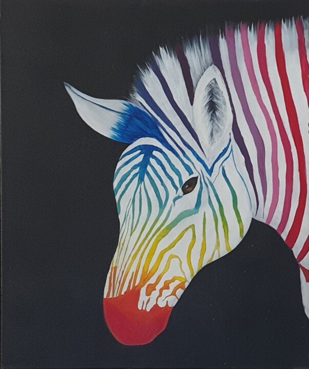 Painting titled "Colorful zebra" by Nausicaa Scheidt, Original Artwork, Acrylic Mounted on Wood Stretcher frame