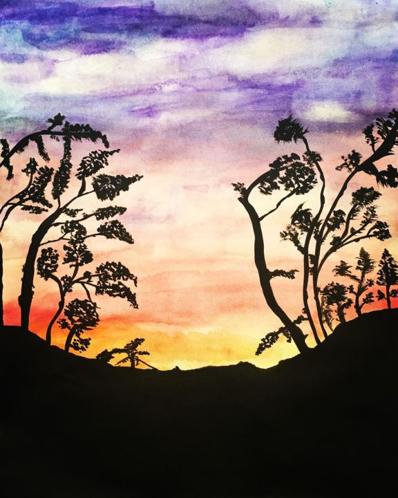 Peinture intitulée "sunset and trees" par Nawel Lavenu, Œuvre d'art originale, Gouache
