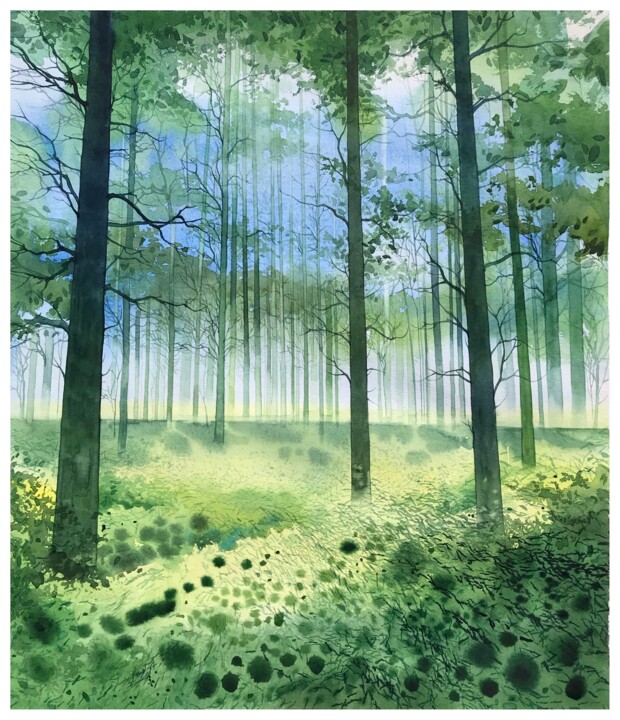 Malarstwo zatytułowany „Summer Landscape wa…” autorstwa Nazar Grunyka, Oryginalna praca, Akwarela