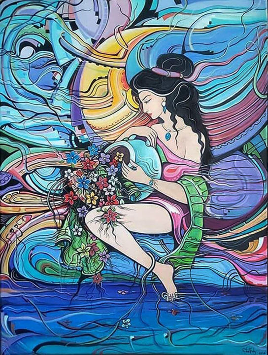 Pintura titulada "With flowers" por Nino Bitsadze, Obra de arte original, Acrílico