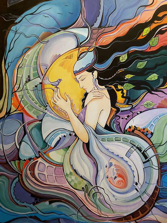 Malerei mit dem Titel "Bird of happiness" von Nino Bitsadze, Original-Kunstwerk, Acryl