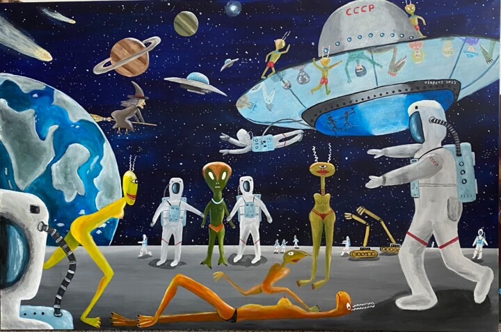 Painting titled "On the Moon" by Nearchos Ioannou, Original Artwork, Acrylic