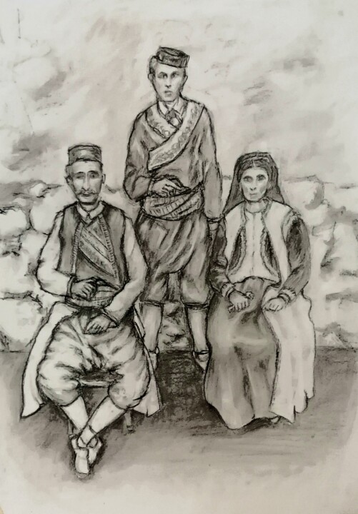 Drawing titled "With a family photo" by Djura, Original Artwork, Charcoal