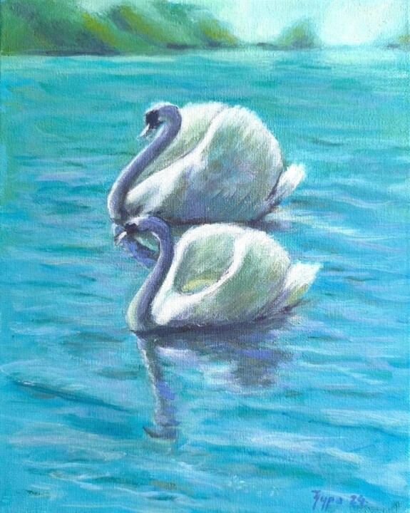 Painting titled "Swans" by Djura, Original Artwork, Acrylic