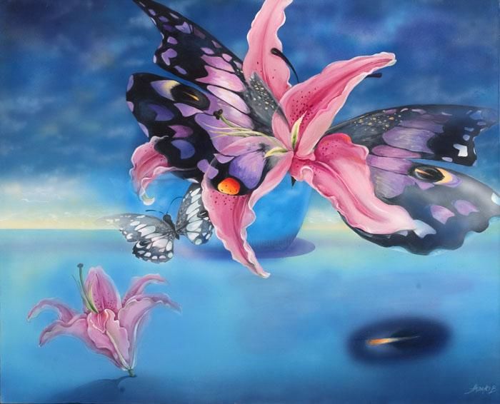 Painting titled "Butterfly Lilium" by Neda Vassileva, Original Artwork, Oil