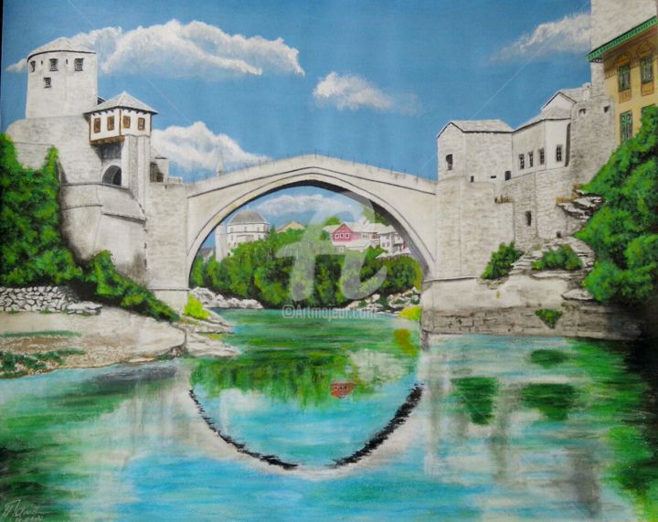 Painting titled "Old bridge Mostar,B…" by Nedzad Jandric, Original Artwork, Acrylic