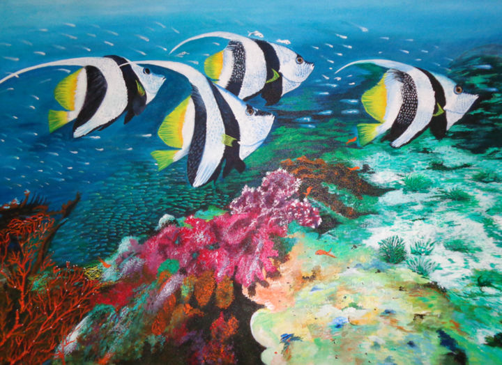 Painting titled "Fishes and Coral Re…" by Mrs Neeraj- India, Original Artwork, Acrylic