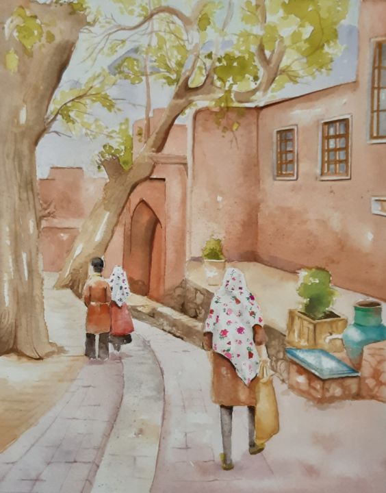 Peinture intitulée "Abyane Village" par Negin Tayebi, Œuvre d'art originale, Aquarelle