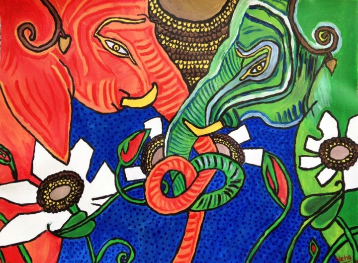 Peinture intitulée "colourful elephants" par Neha Shah, Œuvre d'art originale