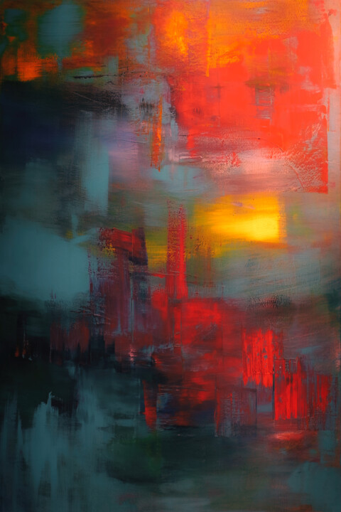 Digital Arts titled "Sunset on a Red City" by Neil Hemsley, Original Artwork, Digital Painting Mounted on Wood Stretcher fra…