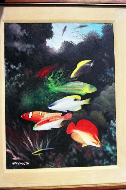 Painting titled ""Hawaiian Wrasses"" by Neil Caral, Original Artwork, Oil