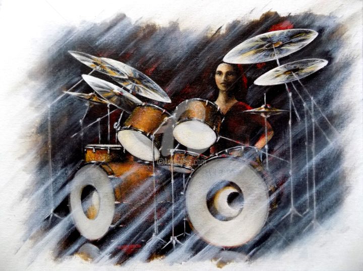 Painting titled "Tired drummer" by Neint Visiroff, Original Artwork, Oil