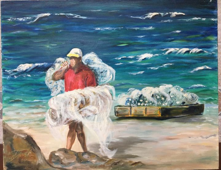 Painting titled "Pescador II" by Neiva D Ávila, Original Artwork, Oil