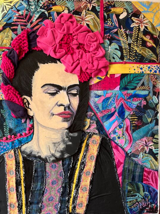Art textile intitulée "Frida-Khalo" par Nèleh, Œuvre d'art originale, Patchwork Monté sur Châssis en bois