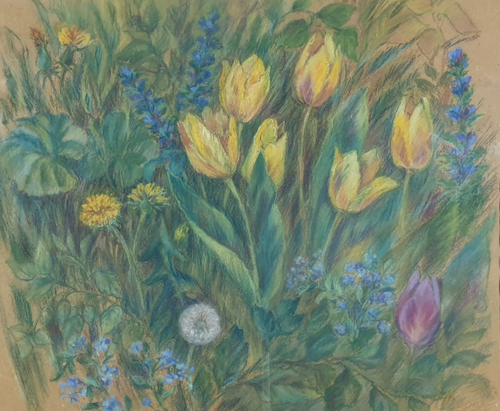 Картина под названием "sunny tulips" - Neli Salkova, Подлинное произведение искусства, Пастель