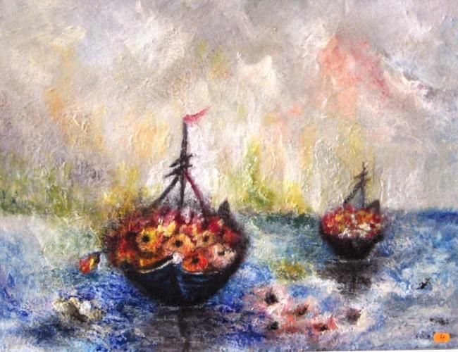 Painting titled "Flowers at sea" by Cornelia Rusu Labosan, Original Artwork, Oil