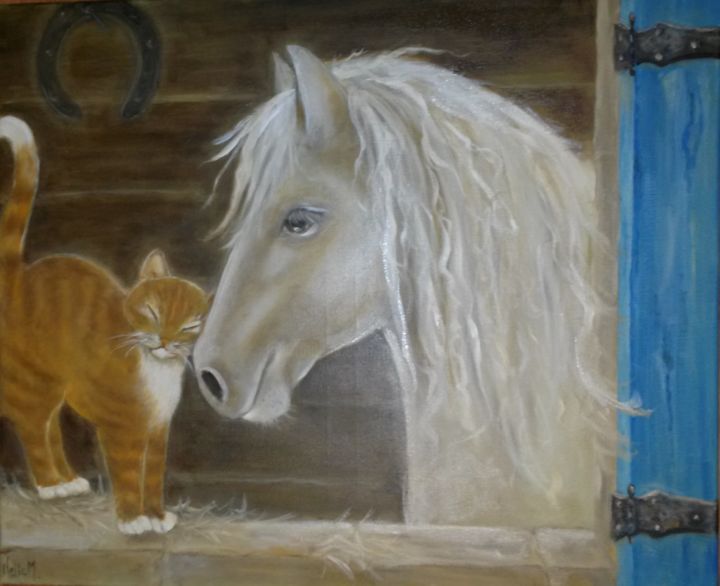 Schilderij getiteld "pony-en-knuffelpoes…" door Nelie Meininger, Origineel Kunstwerk, Olie