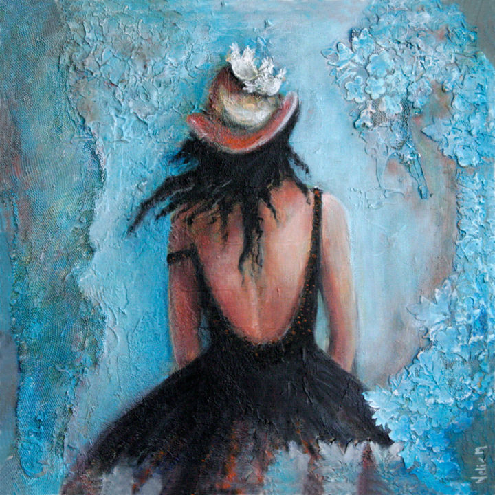 Schilderij getiteld "lady with doves on…" door Nelie Meininger, Origineel Kunstwerk, Acryl