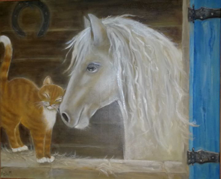Pittura intitolato "horse and cat" da Nelie Meininger, Opera d'arte originale, Olio