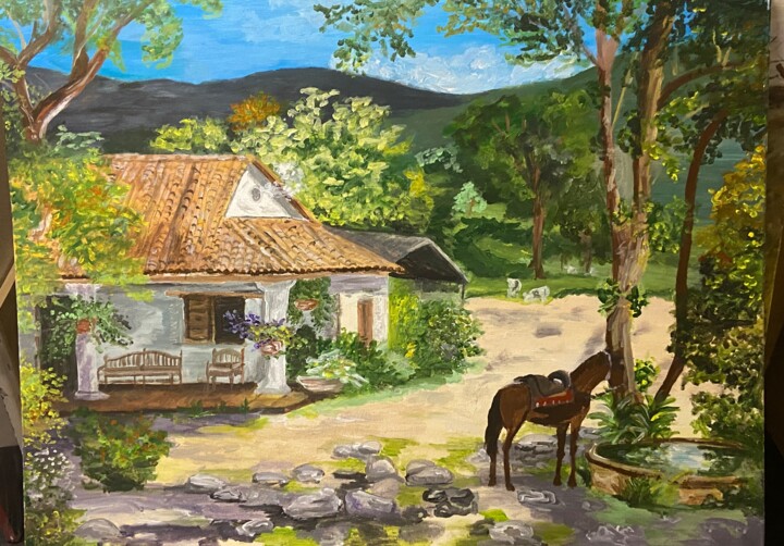 Painting titled "Maison de campagne" by Nelly, Original Artwork, Oil