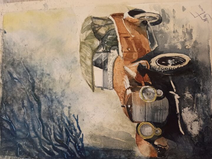 Painting titled "Accident 1930" by Nelly Bouteliere, Original Artwork, Watercolor Mounted on Cardboard